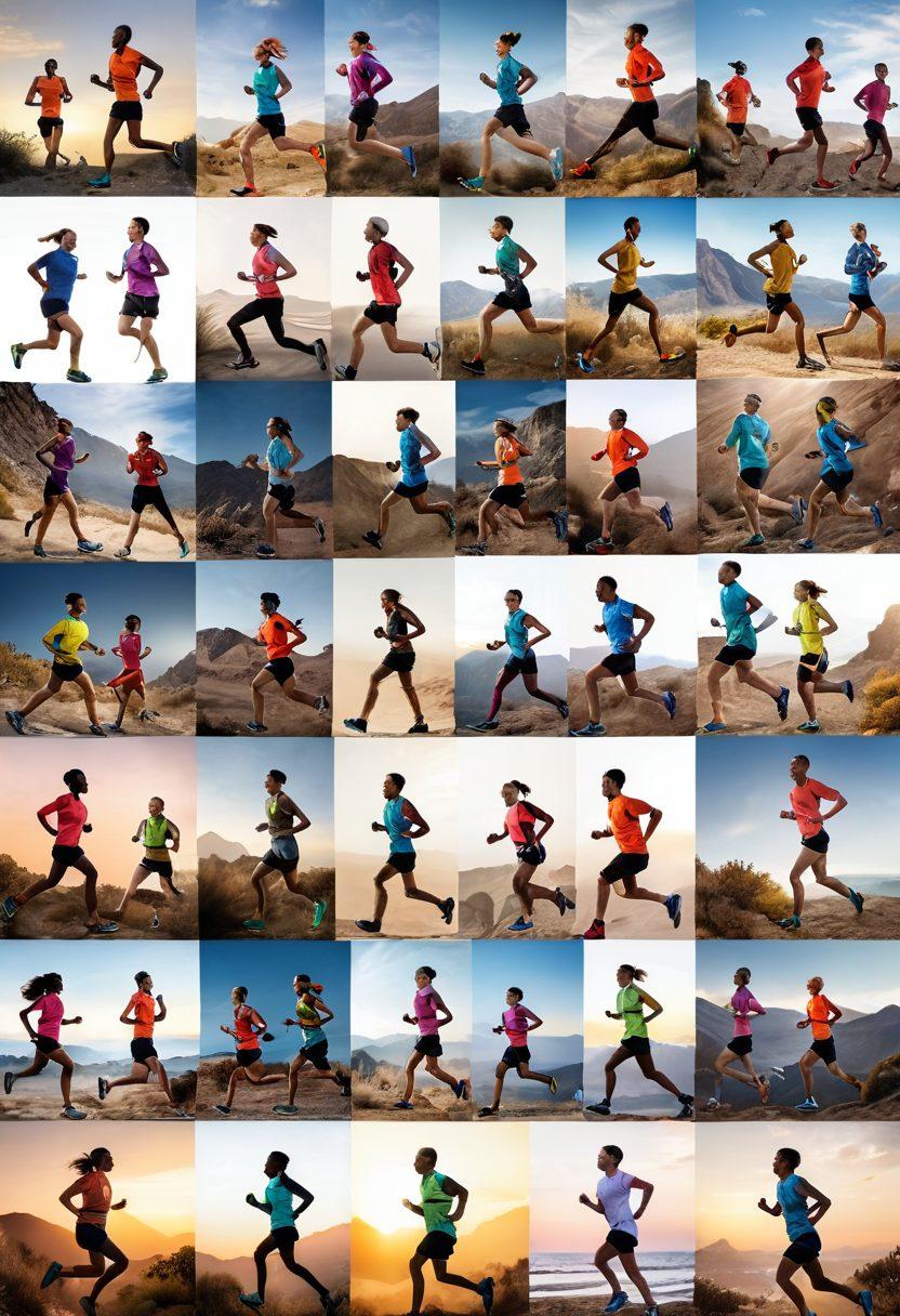 A vibrant collage of diverse runners in various landscapes, showcasing different essential gear like shoes, hydration packs, and reflective clothing. The scene should include a sunrise mountain trail, an urban marathon setting, and a beach run, emphasizing inclusivity and motivation. Use dynamic motion effects to convey energy and excitement. super-realistic. vibrant colors. white background.
