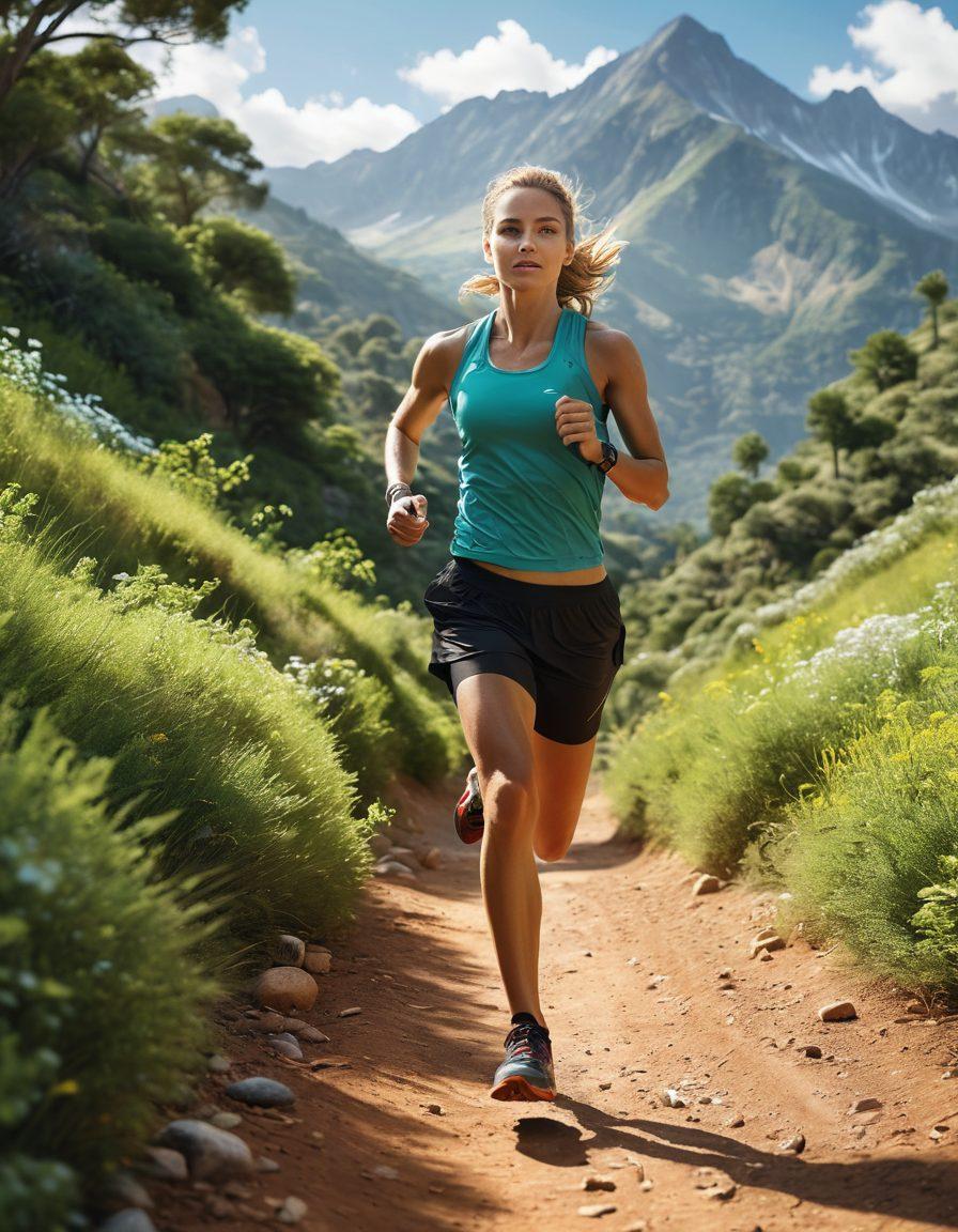 A dynamic scene showcasing a runner on a vibrant trail, equipped with essential running gear such as high-tech sneakers, a hydration pack, and performance wear. Surround the runner with lush greenery and distant mountains to create an adventurous atmosphere. Incorporate action elements, like movement lines or dust kicked up by the runner, to convey speed and energy. Bright, sunny skies to evoke a sense of enthusiasm and motivation. super-realistic. vibrant colors. 3D.