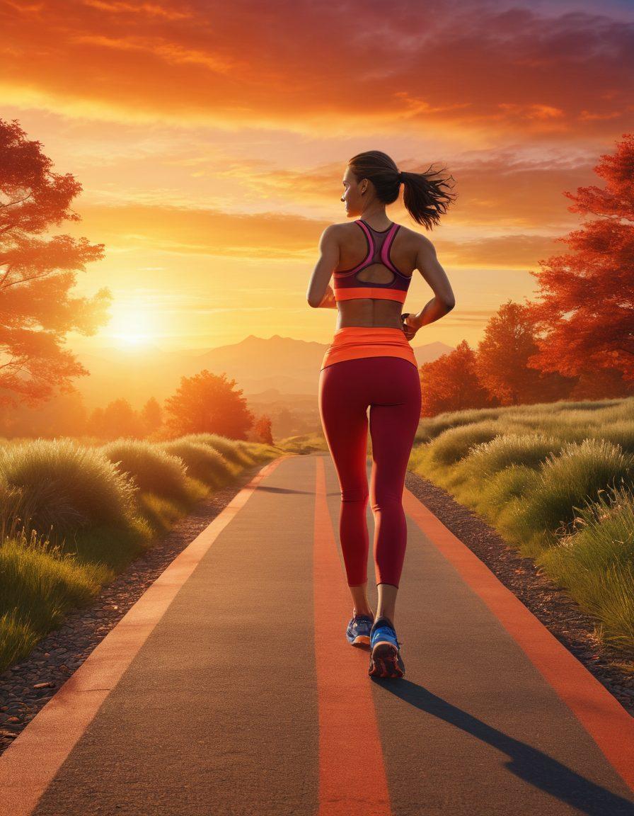 An athletic figure transitioning from a retail environment to an outdoor jogging scene, showcasing an array of high-performance jogging gear including shoes, apparel, and accessories. The background features a vibrant sunrise on a running path, symbolizing new beginnings and peak performance. Include elements like a checklist of gear and motivational quotes in a dynamic layout. super-realistic. vibrant colors. 3D.